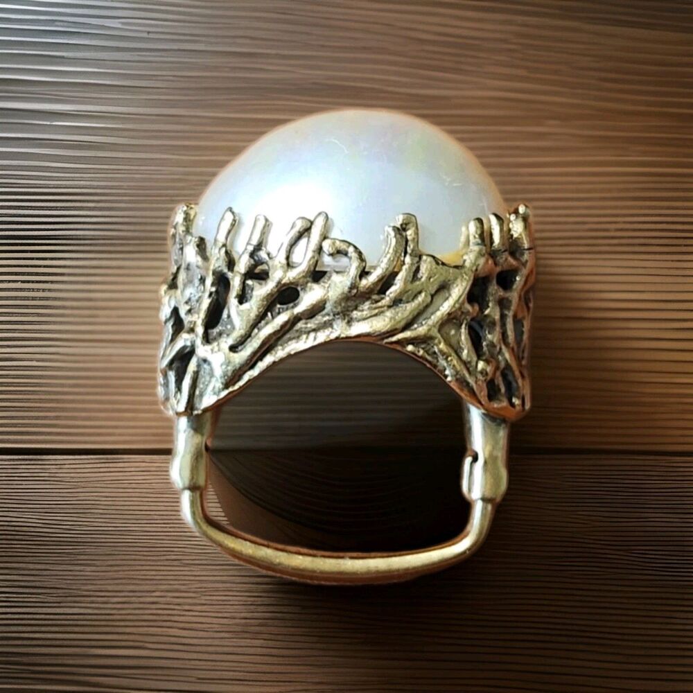 VENDOME Gold Tone Faux Mabe Pearl Brutalist Adjustable Ring Sz 7 - Picture 3 of 10
